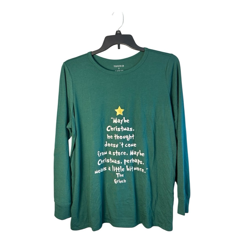 Torrid Grinch Quote Classic Fit Green Long Sleeve Top Size 2X NWT - Picture 2 of 8